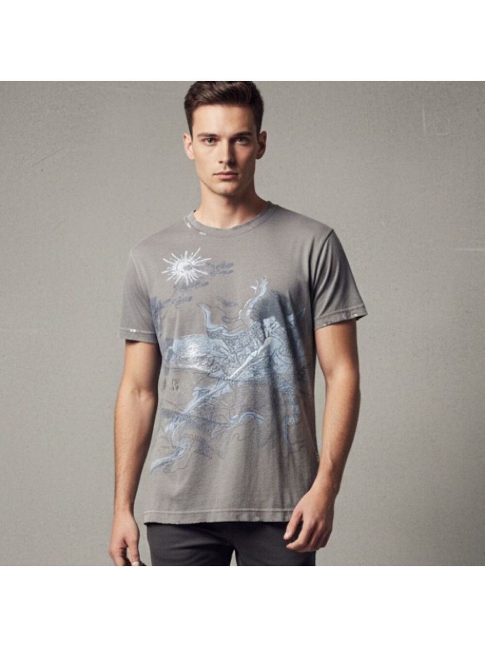 Vintage Y2K Distortion Samurai Warrior Graphic Tee Gray Sz M Japanese Art Print